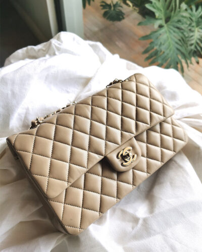 Chanel Medium Dark Beige Classic Flap in Lambskin Leather and Light Gold Hardware