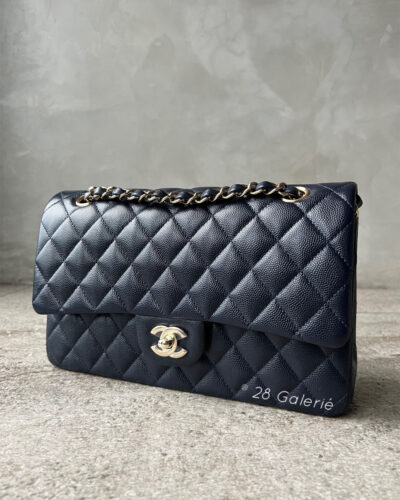 Chanel Medium Navy Classic Flap in Caviar Leather and Light Gold Hardware