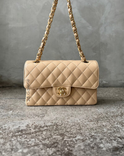 Chanel Small Beige Claire Classic Flap in Caviar Leather and Gold Hardware
