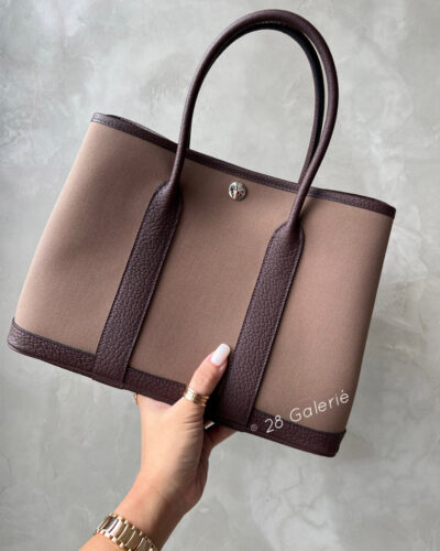 Hermes Etoupe/Rouge Garden Party 30 in Canvas Fabric/Togo Leather Trimming and Palladium hardware