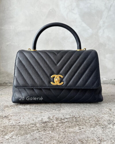 Chanel Black Chevron Coco Top Handle in Caviar Leather and Aged Gold Hardware