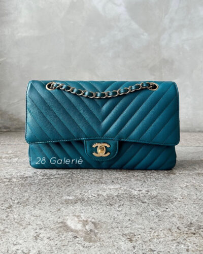 Chanel 18B Teal Chevron Classic Flap in Caviar Leather and Light Gold Hardware