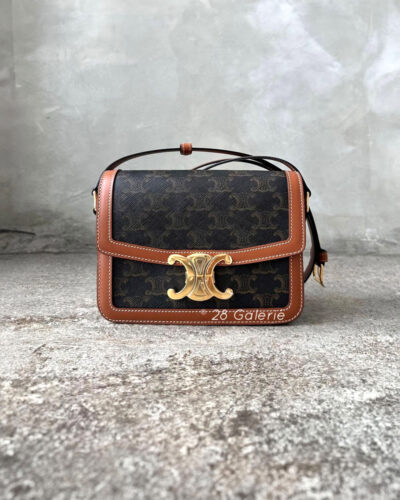 Celine Teen Size Triomphe in Black and Tan Triomphe Canvas and Calfskin Leather with Gold Hardware