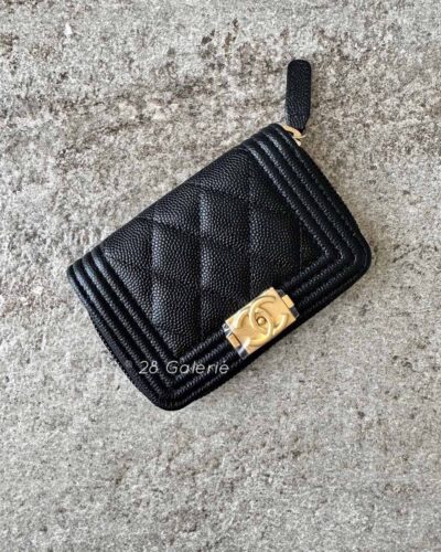Chanel Black Le Boy Card Holder in Caviar Leather and Aged Gold Hardware