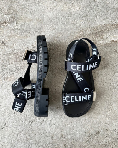 Celine Leo Strappy Sandals with Celine Jacquard Canvas Fabric and Silver Hardware