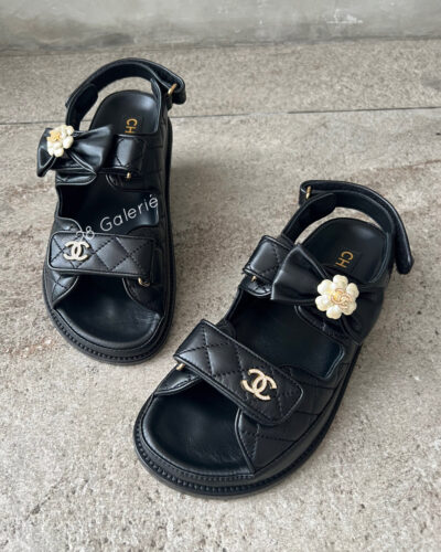 Chanel Black Sandals in Calfskin Leather and Camelia Dad Sandals