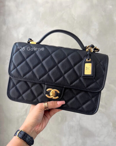 Chanel Black Top Handle Flap Bag in Caviar Leather & Aged Gold Hardware