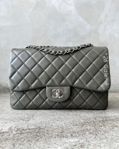 Chanel Grey Jumbo Classic Flap in Caviar Leather and Silver Hardware Series 18