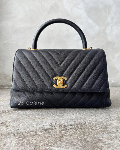 Chanel Medium Black Coco Top Handle in Chevron Quilting Caviar Leather and Aged Gold Hardware