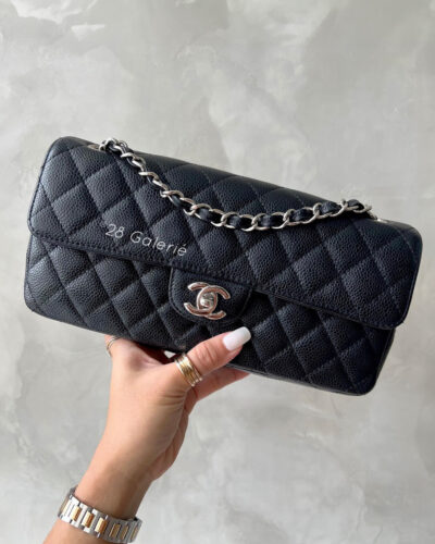 Chanel Vintage Black Eastwest Flap in Caviar Leather and Silver Hardware