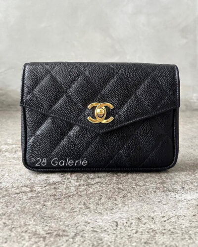 Chanel Vintage Black Waist Bag in Caviar Leather and 24K Gold Hardware Series 1