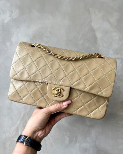 Chanel Vintage Medium Light Beige Classic Double Flap in Lambskin Leather and 24K Gold Hardware