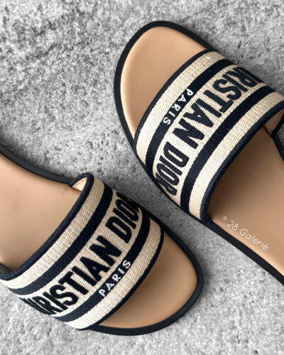 Christian Dior Dway Natural Raffia and Black Embroidered Cotton Slides