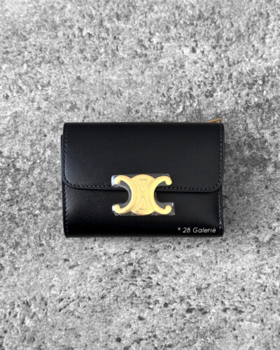 Celine Black Triomphe Detachable Wallet in Shiny Calfskin Leather and Gold Hardware