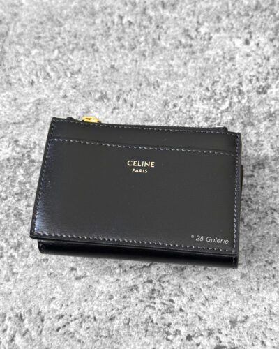 Celine Black Triomphe Detachable Wallet in Shiny Calfskin Leather and Gold Hardware