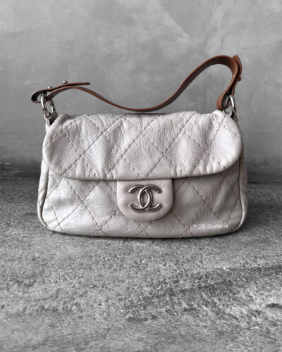 Chanel Vintage Grey Flap in Calfskin Leather with Brown Shoulder Strap and Silver Hardware