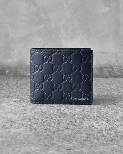 Gucci Navy Blue Web Logo Bifold Wallet in Calfskin Leather