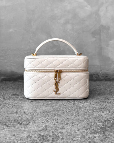 Saint Laurent Stone White Mini Vanity Bag in Calfskin Leather and Gold Hardware
