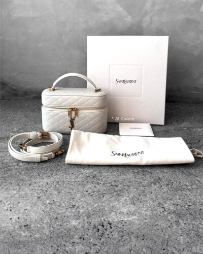 Saint Laurent Stone White Mini Vanity Bag in Calfskin Leather and Gold Hardware