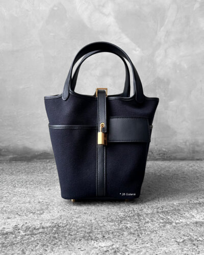 Hermes Cargo Picotin 18 in Bleu Marine Toile Geoland/Caban Swift Leather and Gold Hardware