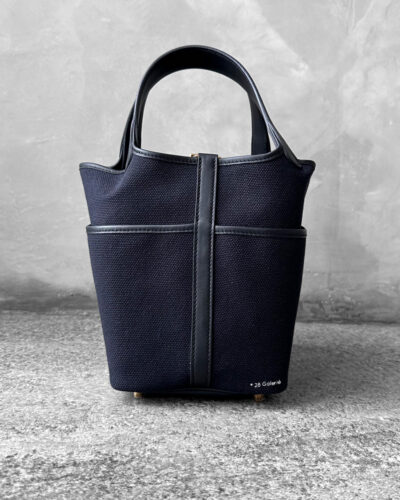 Hermes Cargo Picotin 18 in Bleu Marine Toile Geoland/Caban Swift Leather and Gold Hardware