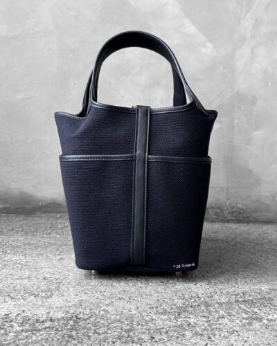 Hermes Cargo Picotin 18 in Bleu Marine Toile Geoland/Caban Swift Leather and Gold Hardware