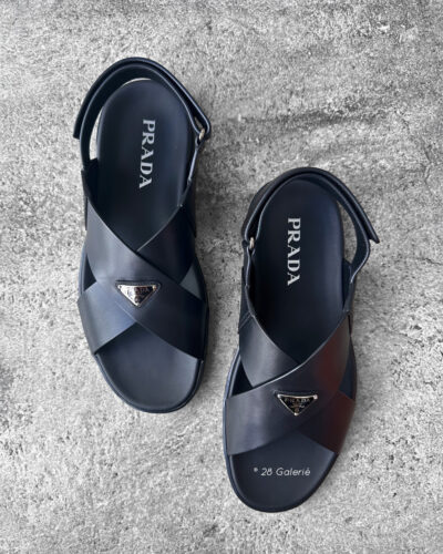 Prada Men’s Black Crisscross Sport Sandals in Lambskin Leather and Silver Hardware