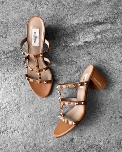 Valentino Garavani 60 mm Brown Rockstud Slide Sandal in Calfskin Leather