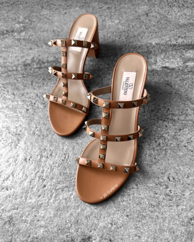 Valentino Garavani 60 mm Brown Rockstud Slide Sandal in Calfskin Leather