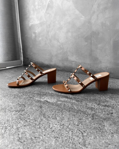 Valentino Garavani 60 mm Brown Rockstud Slide Sandal in Calfskin Leather