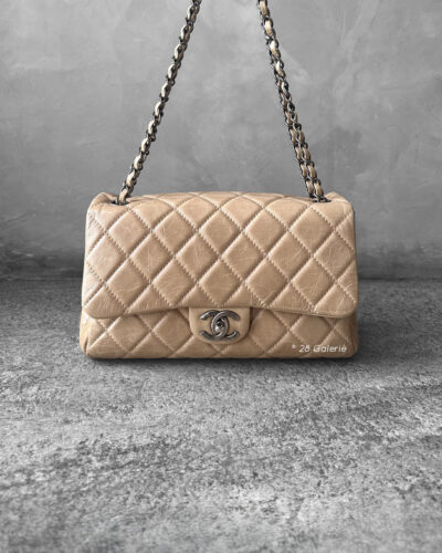 Chanel Beige Accordion Flap in Calfskin Leather and Aged Silver Hardware