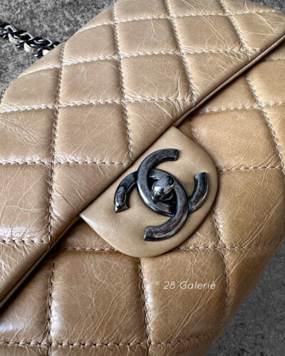 Chanel Beige Accordion Flap in Calfskin Leather and Aged Silver Hardware