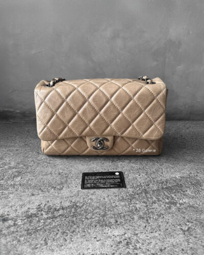 Chanel Beige Accordion Flap in Calfskin Leather and Aged Silver Hardware
