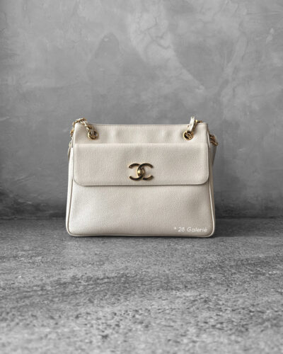 Chanel Cream Vintage Double Tote Bag in Caviar Leather and Gold Hardware