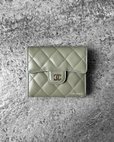 Chanel Khaki Green Tri-fold Wallet in Caviar Leather and Silver Hardware