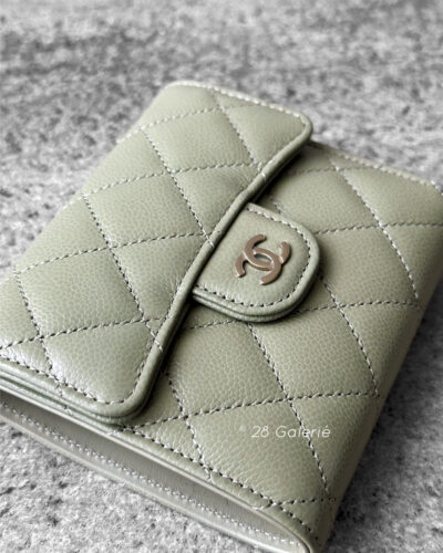 Chanel Khaki Green Tri-fold Wallet in Caviar Leather and Silver Hardware