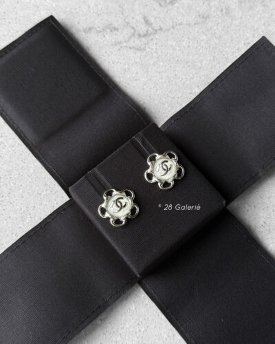 Chanel Logo Clear Pearl and Steel Silver Hardware Earrings