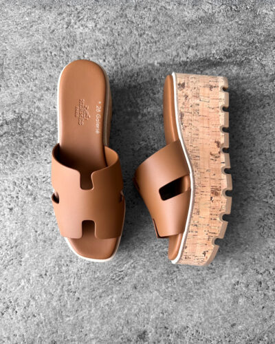 Hermes Naturel 38EU Eze 30 Sandal in Calfskin Leather and Light Cork Platform