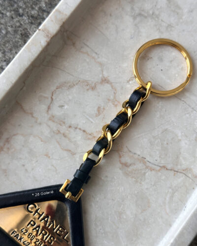 Chanel Black Triangle Keychain in Calfskin Leather and Gold Hardware