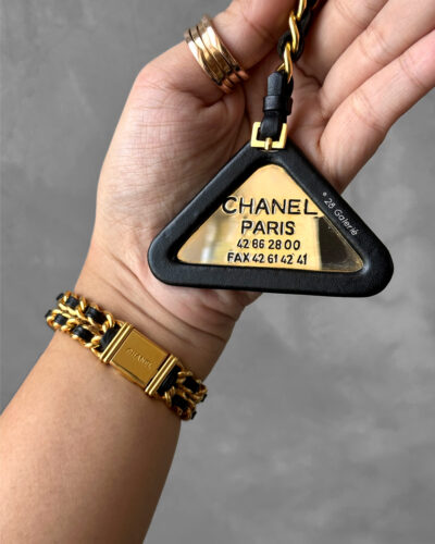 Chanel Black Triangle Keychain in Calfskin Leather and Gold Hardware