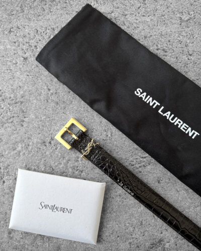 Saint Laurent 2cm Black Cassandre Belt in Crocodile Leather and Gold Hardware