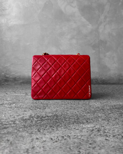 CHANEL Vintage Red Lambskin 20cm Mini Square Flap Bag in 24k Gold hardware