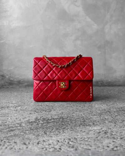CHANEL Vintage Red Lambskin 20cm Mini Square Flap Bag in 24k Gold hardware