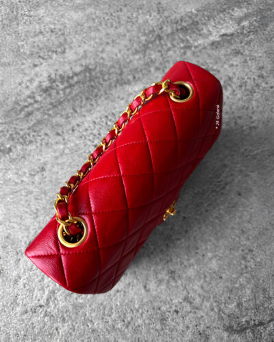 CHANEL Vintage Red Lambskin 20cm Mini Square Flap Bag in 24k Gold hardware