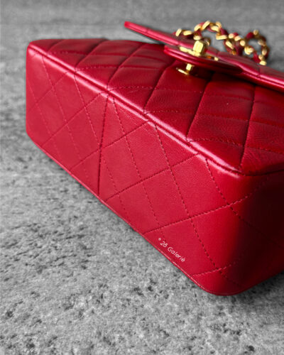 CHANEL Vintage Red Lambskin 20cm Mini Square Flap Bag in 24k Gold hardware