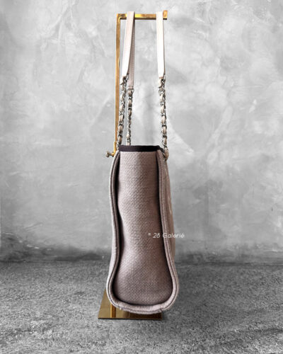 Chanel Brown/Beige Deauville PM Canvas Leather Tote Bag in Silver Hardware