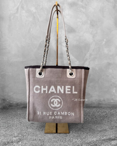 Chanel Brown/Beige Deauville PM Canvas Leather Tote Bag in Silver Hardware