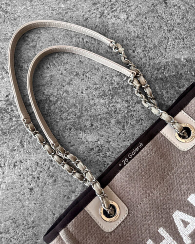 Chanel Brown/Beige Deauville PM Canvas Leather Tote Bag in Silver Hardware