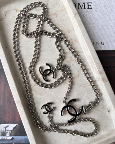 Chanel Silver and Black Logo Chain