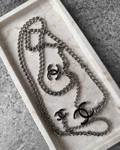 Chanel Silver and Black Logo Chain